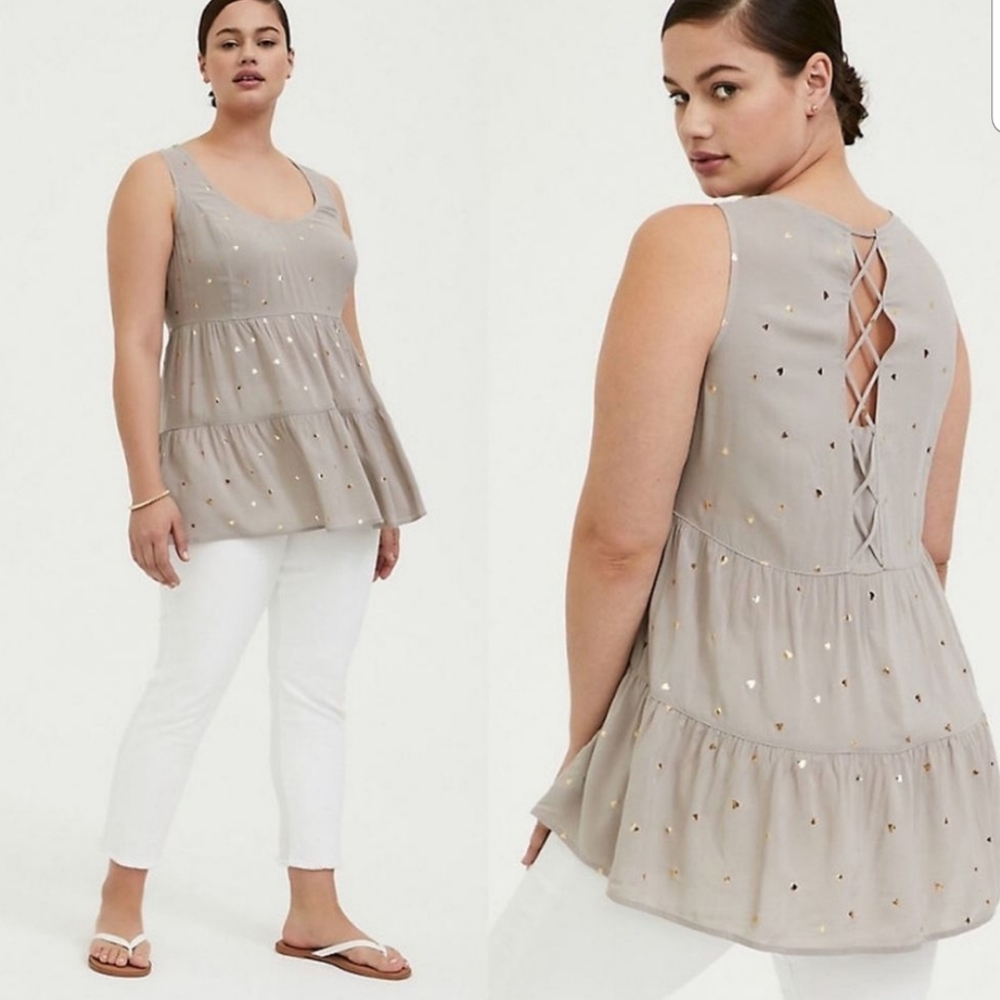 TORRID Taupe & Gold Heart Challis Tunic Top Large